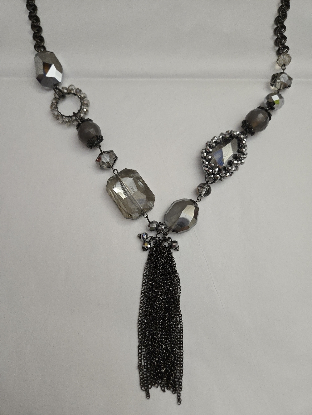 Silver Gem Sparkly Mixed Texture Long Gunmetal Silver Tone Long Necklace - Picture 5 of 11